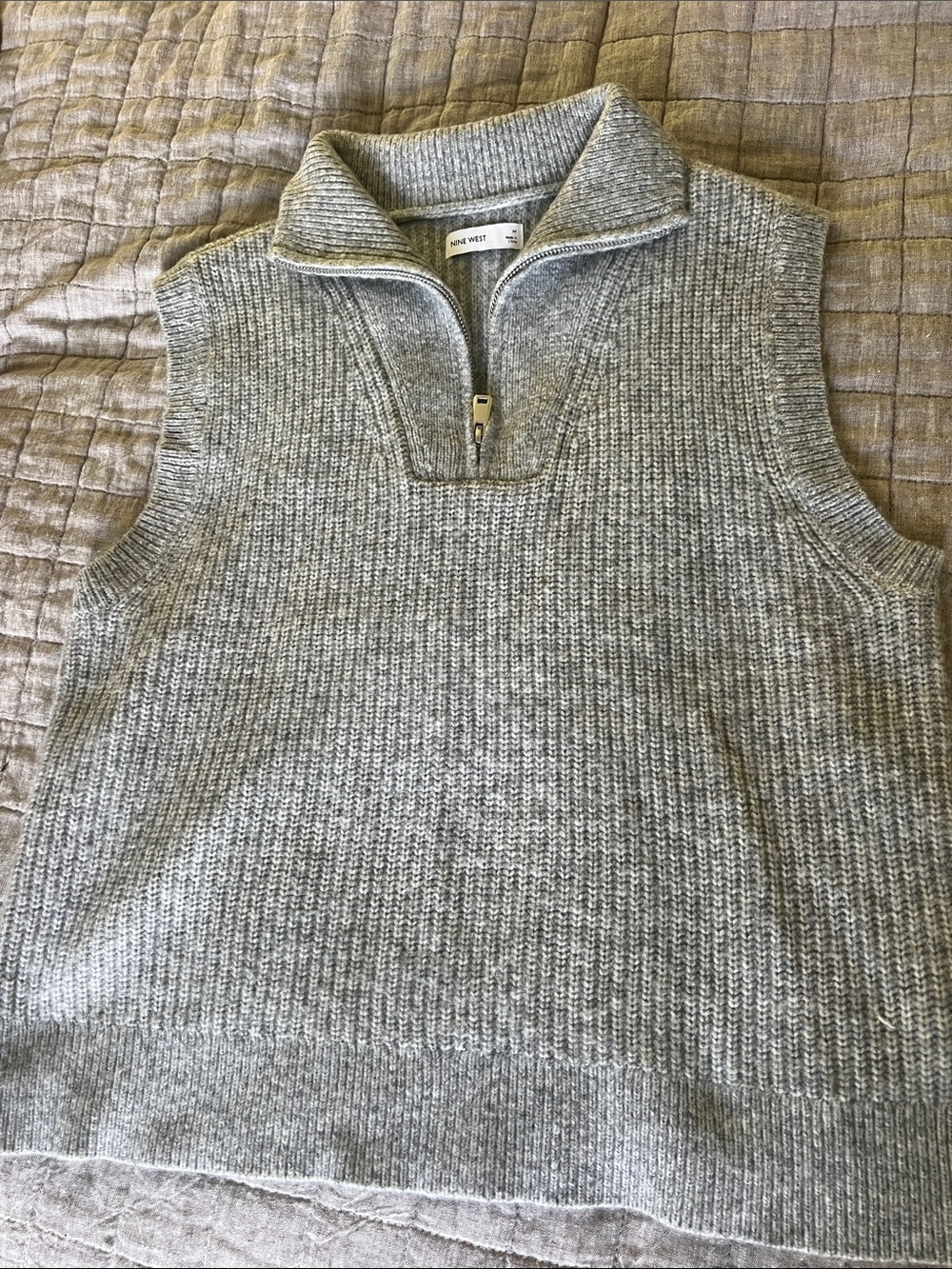 Nine West Gray Sleeveless V-Neck Zip Sweater Vest